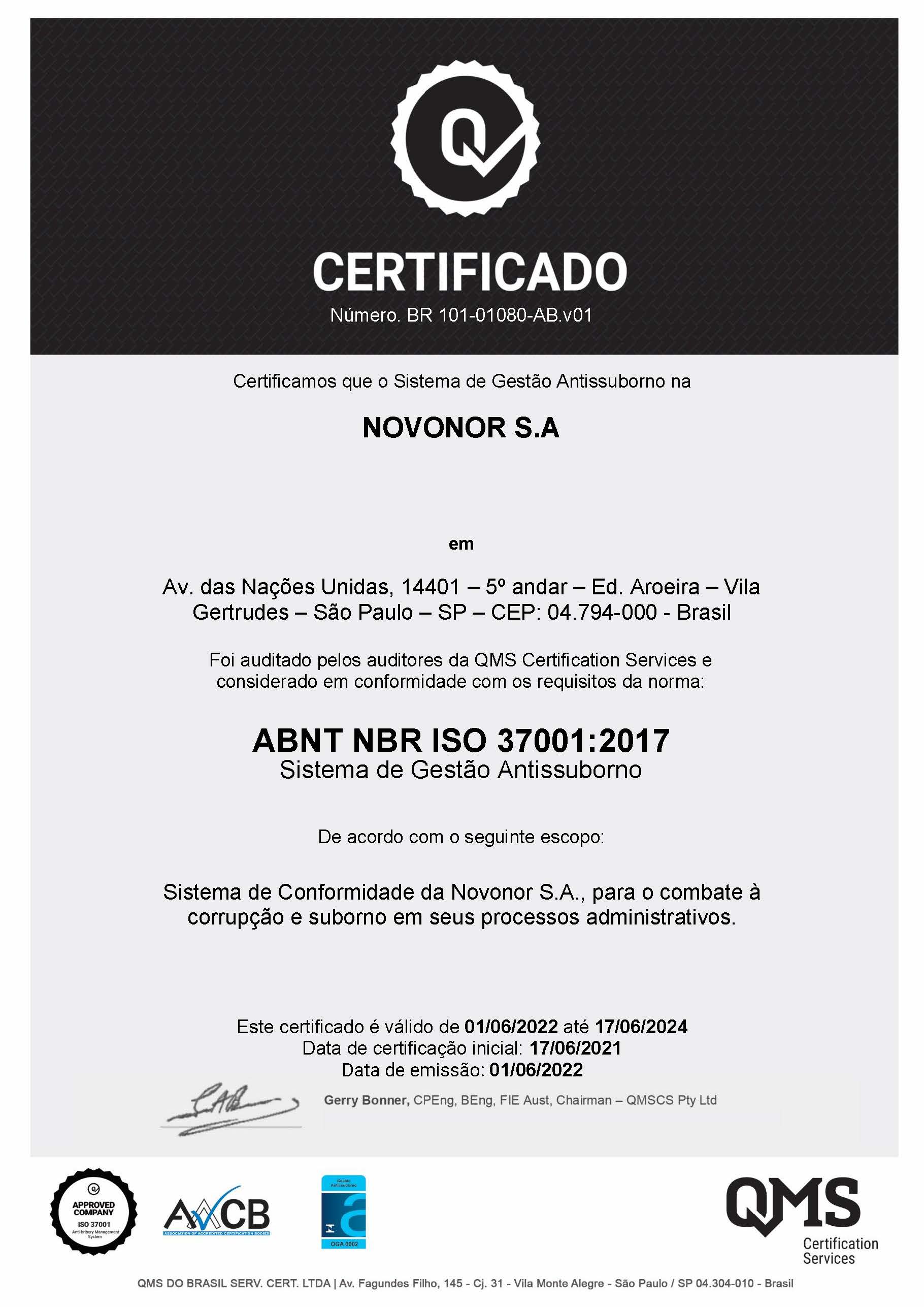 Novonor S.A. conquista manutenção da ISO37001 1